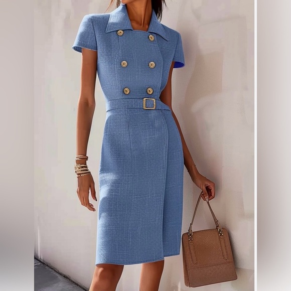 Fehaute Dresses & Skirts - Fehaute Blue Sheath Wrap Midi Dress Crew Neck Work